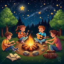 Playful Camp Scene with Campfire, Tunes, and Sparkling Stars