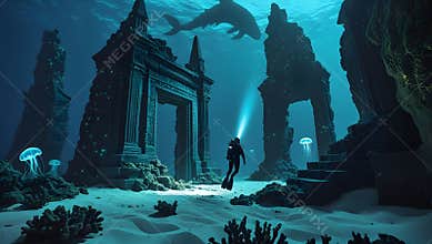 Underwater Ruins with Diver and Whale, Digital Art Scene