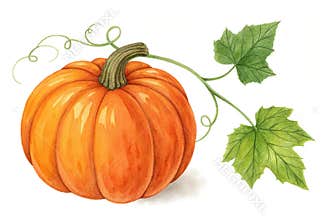 Autumn orange pumpkin with green leaf, clip art illustration isolated on white background