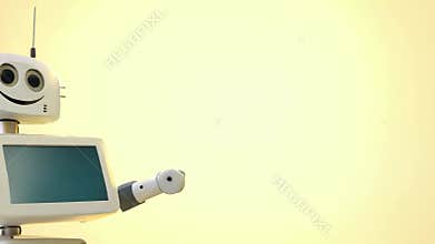 A robot with a smile on its face is standing in front of a yellow background