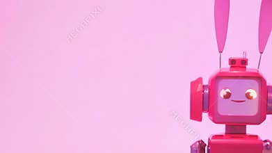 A pink robot with a pink face stands in front of a pink background
