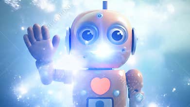 A robot with a heart on its chest is waving