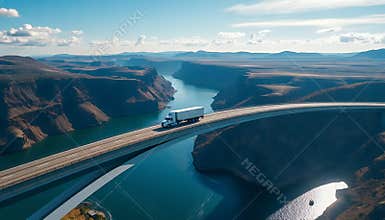 aerial view of semi truck crossing scenic bridge over canyon river