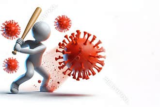 Stickman beats off the coronavirus with a bat. Space for text.