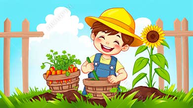 Boy is planting carrots in a garden