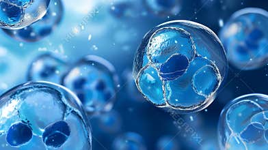Pluripotent stem cells are displayed in a vibrant blue environment, highlighting their potential