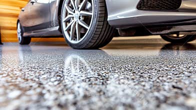 The epoxy floor in a residential garage has been newly coated, resulting in a sleek and resilient surface