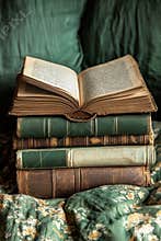 Antique stack of four books with one open on top resting on a floral fabric