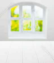 Empty clean white kitchen table and window