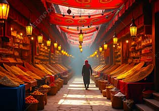 Traditional Middle Eastern Market with Ornate Chandeliers and Fresh Fruits - Exotic and Cultural Atmosphere