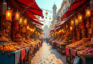 Traditional Middle Eastern Market with Ornate Chandeliers and Fresh Fruits - Exotic and Cultural Atmosphere