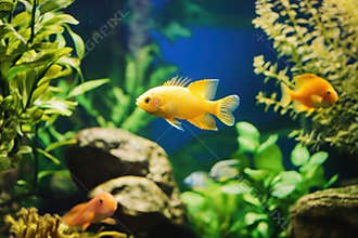 Vibrant orange fish swimming in a lush aquarium with green plants and rocks, AI Generative