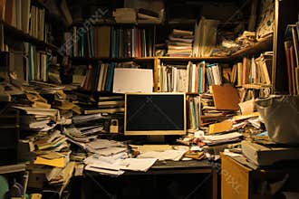 Cluttered desk in dimly lit home office with books and papers, AI Generative