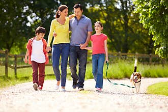Hispanic Family Taking Dog For Walk