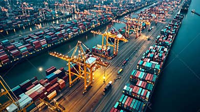 Busy cargo port at night with illuminated cranes and rows of shipping containers