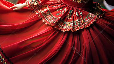 Vibrant traditional mexican dress with intricate embroidery and flowing red fabric celebrating cinco de mayo, mexican