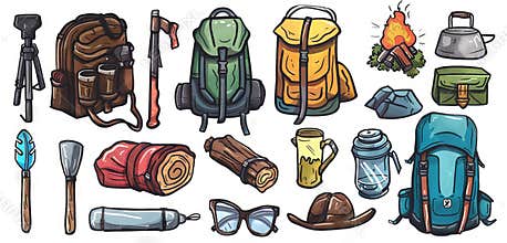Set of Assorted Camping Gear Illustrations Including Backpacks, Hiking Stick, and Campfire Scene. Concept of Outdoor