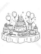 A happy 6th birthday coloring page with a fun design featuring a large numeral six, along with balloons and stars. It