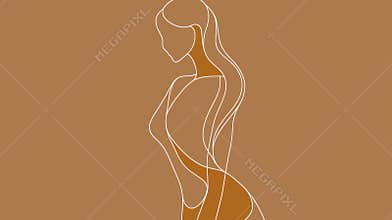 Continuous line drawing representing a woman with long hair, celebrating femininity, self-love, and body acceptance