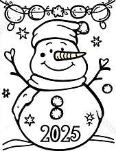 A new year coloring page featuring a snowman and balloons. It can be printed on 8.5x11 inch paper