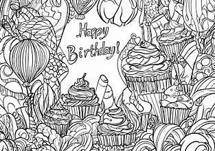 Discover a black and white birthday coloring page with balloons, candies, cupcakes, and other fun shapes to color. Ideal