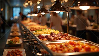 Catering buffet food indoor in restaurant with grilled meat, pasta. Long table with various dishes for lunch, catering, meeting