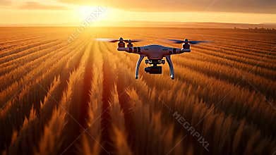 Drones capture agricultural data at sunset over golden fields