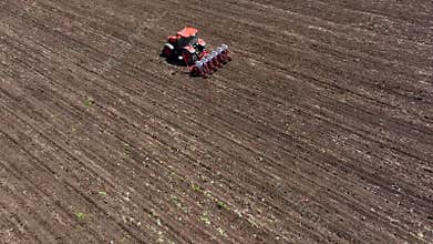 Aerial view tractor cuts furrows in farm field for sowing. An agricultural machine plants the field with agricultural crops