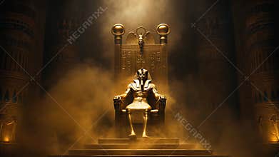 Golden anubis statue seated on ornate throne within smoky egyptian temple, embodying mystical archaeological grandeur