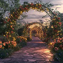 Arches of flowers and lights on a path, a wedding setting