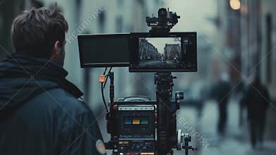 Videographer recording urban street scene with professional equipment