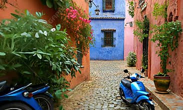 Colorful alleyway, vibrant buildings, and parked scooters