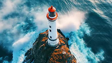 Animation with aerial view of a lighthouse standing on a rocky cliff surrounded by dramatic ocean waves and clouds.