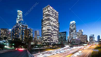 Downtown Los Angeles and freeway traffic Time lapse.