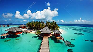 Island resort overwater bungalows, tropical vacation, luxury travel, paradise stock footage generative AI