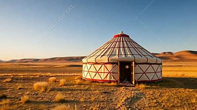 Traditional yurt on plains, nomadic culture, steppe landscape, heritage stock footage generative AI