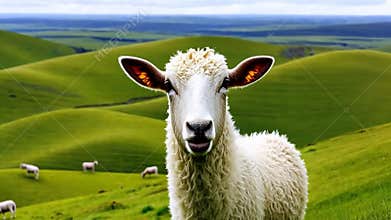 Sheep grazing in green pasture, rolling hills, peaceful countryside scene stock footage generative AI
