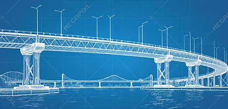 Blueprint of bridge construction. Structure shows roadway, supporting pillars, detailed infrastructure, architectural elements,
