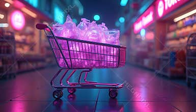 Futuristic shopping cart filled holographic purchases stands on supermarket neon floor. Digital art conveys hi-tech automation of