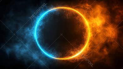 A radiant circular gateway situated in a dimly lit room, featuring vibrant blue borders and warm orange illumination