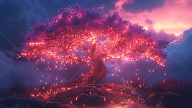 Enchanted glowing colorful tree at dusk with falling sparks ai generative
