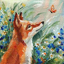 Red fox looking at butterfly summer flowers acrylic painting, whimsical animal nature illustration, oil art mini canvas