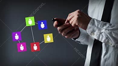 Businessman using smartphone for social networking. Hands scrolling and taping the screen