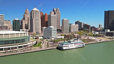 Detroit Hart Plaza Aerial Riverboat and Renaissance Center