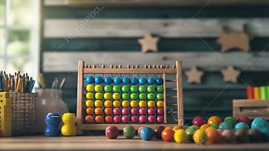 Colorful Wooden Abacus and Craft Supplies Arranged on a Table in a Bright Creative Workspace. Generative AI