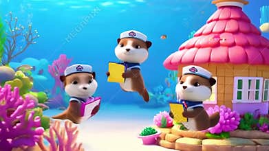Three Cartoon Otters in Sailor Outfits Holding Clipboards Underwater