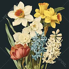 Vintage Floral Bouquet with Daffodils, Hyacinths, Tulip Arrangement on Dark Background