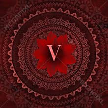 Vintage Red Letter V in Mandala Floral Pattern Frame