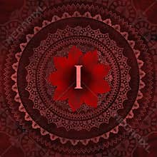 Vintage Red Letter I in Mandala Floral Pattern Frame