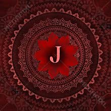 Vintage Red Letter J in Mandala Floral Pattern Frame